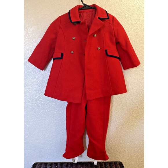 Vintage ROTHSCHILD Girls Wool Velvet Red/Blue Trim Coat & Snow Pants Leggings - Picture 1 of 16